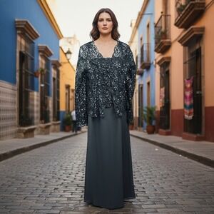 Sean Couture Dress Set Women's 14P Black Sequin Lace Maxi Gown & Jacket